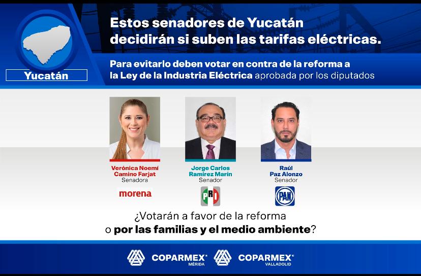 Coparmex Mérida exhorta a Senadores yucatecos a no aprobar reformas a Ley de Industria Eléctrica