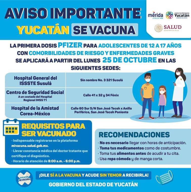 Inicia el 25 de octubre vacunación contra el Covid-19 en Mérida para jóvenes de 12 a 17 años con comorbilidades