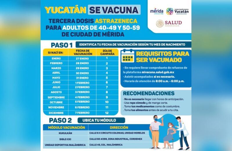 Vacunas en Mérida para personas de 40 a 59 años del 27 de enero al 7 de febrero