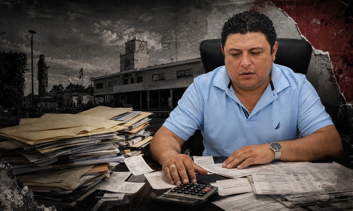Montaje editorial de Edwin Bojórquez frente al Palacio Municipal de Kanasín, rodeado de facturas y documentos por pagar.