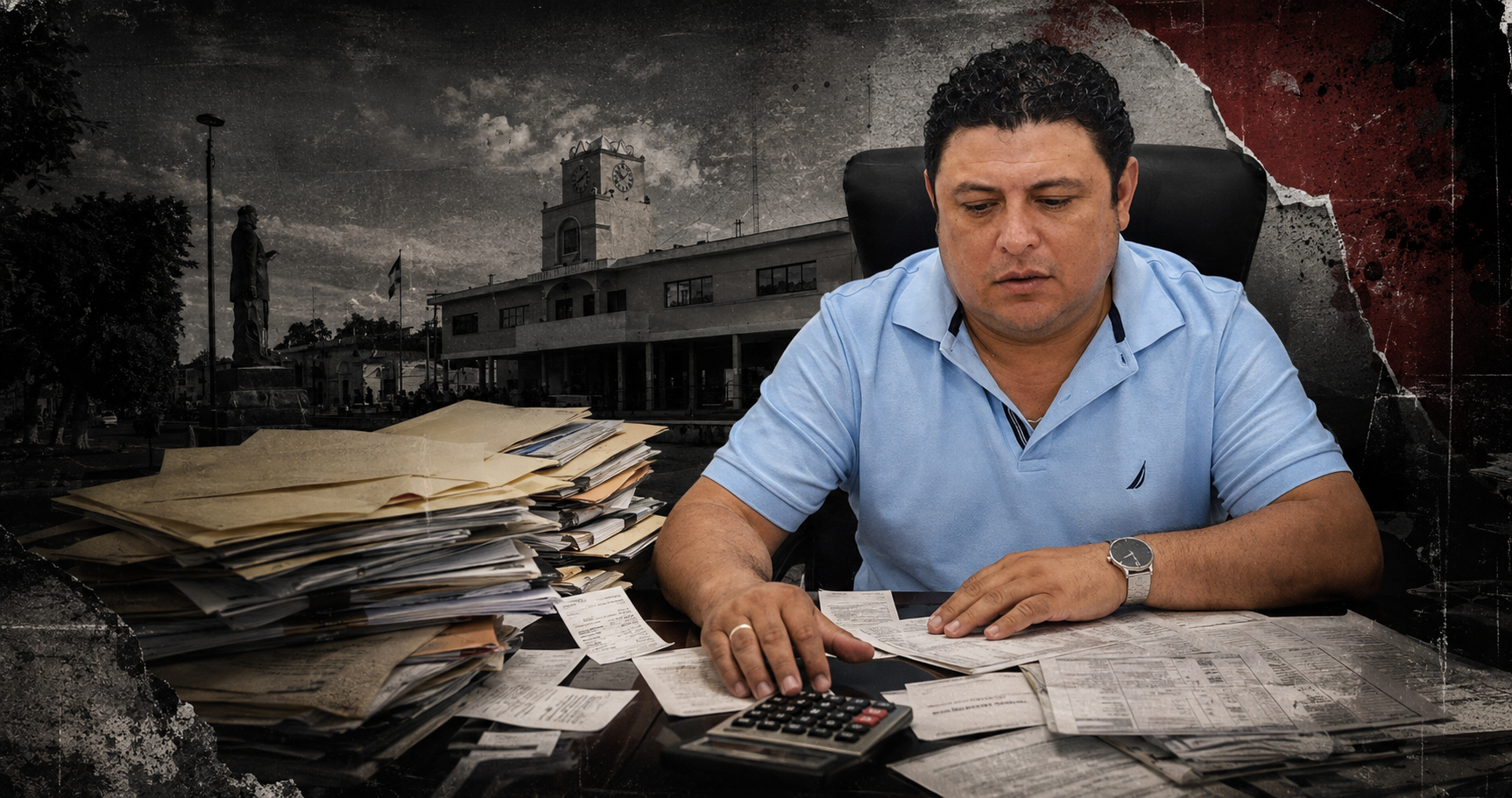Montaje editorial de Edwin Bojórquez frente al Palacio Municipal de Kanasín, rodeado de facturas y documentos por pagar.