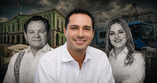 Mauricio Vila al frente y Joaquín Díaz Mena y Cecilia Patrón al fondo, en una imagen sobre la deuda pública de Yucatán.