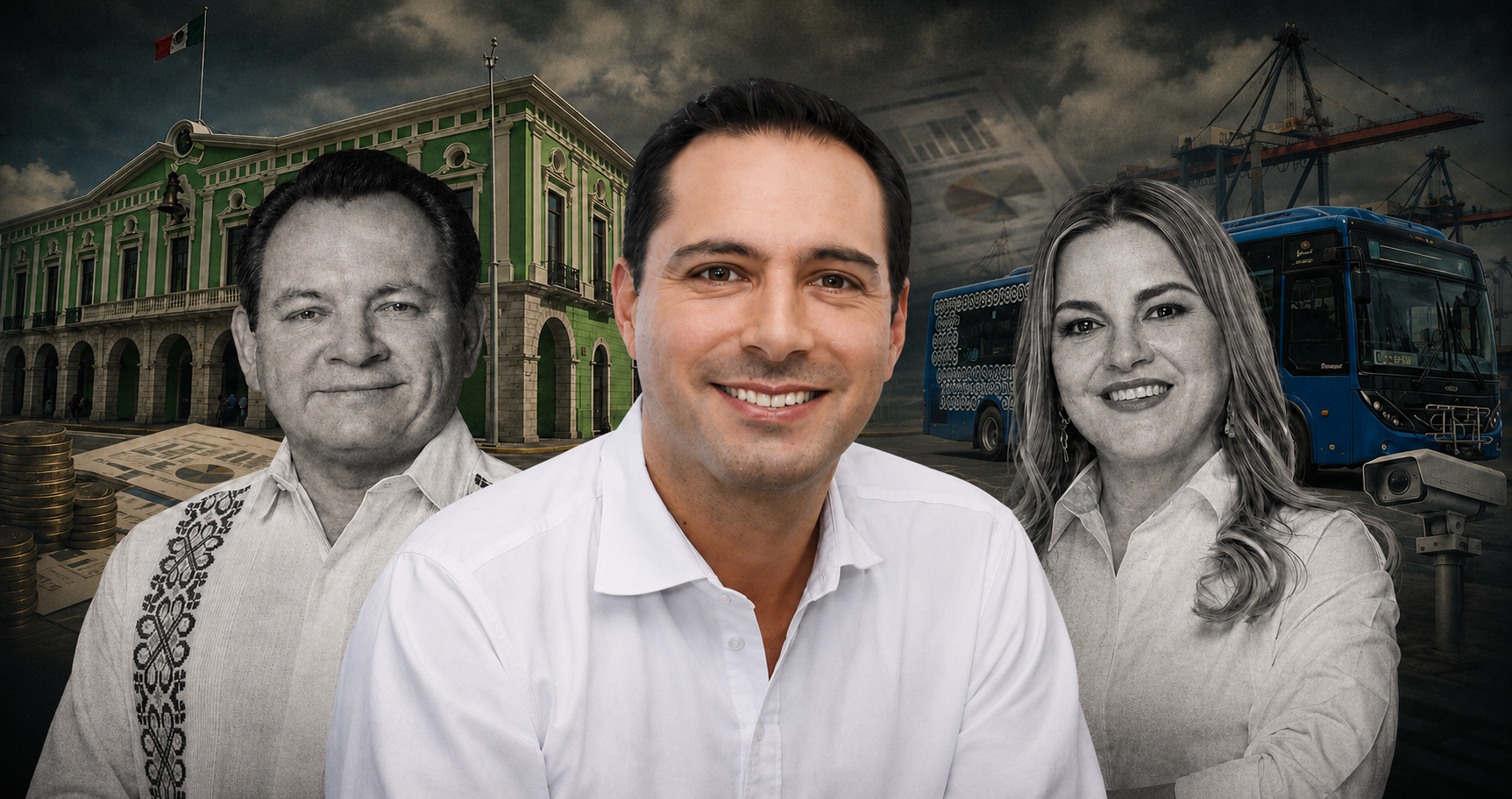 Mauricio Vila al frente y Joaquín Díaz Mena y Cecilia Patrón al fondo, en una imagen sobre la deuda pública de Yucatán.